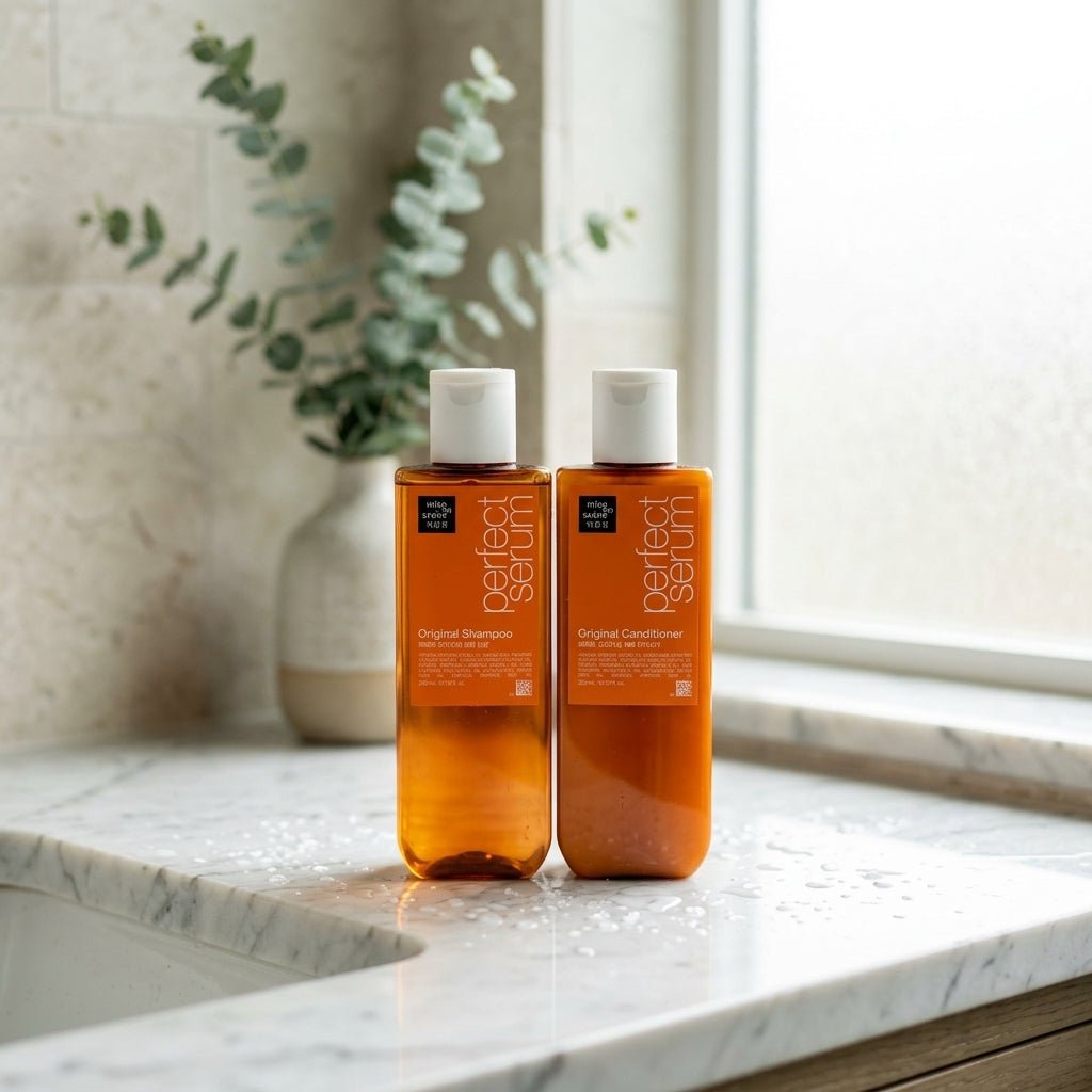 Cabelos Transformados em 1 Lavagem: Kit Shampoo + Condicionador Mise En Scène Perfect Serum Original 530g - Afrodite Beauty