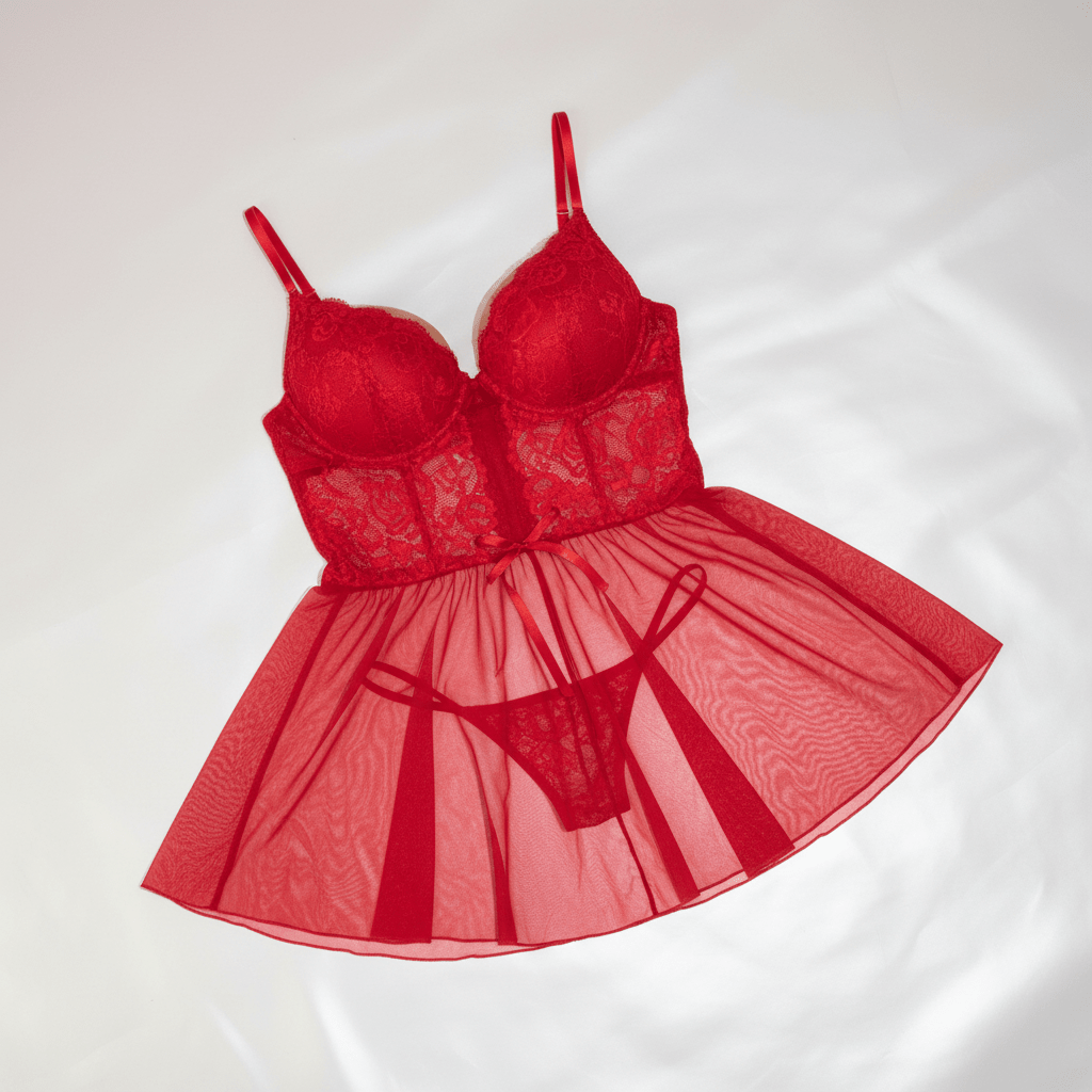 Camisola em Tule com Bojo e Detalhes em Renda + Calcinha Fio | Lingerie Feminina Sensual - Afrodite Beauty