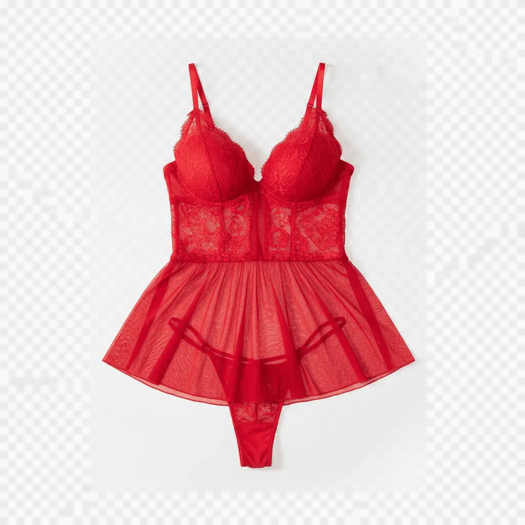 Camisola em Tule com Bojo e Detalhes em Renda + Calcinha Fio | Lingerie Feminina Sensual - Afrodite Beauty