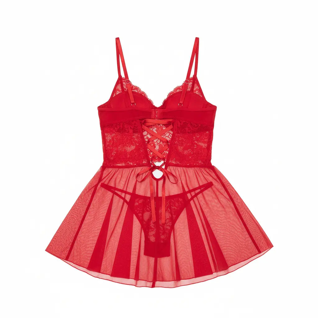 Camisola em Tule com Bojo e Detalhes em Renda + Calcinha Fio | Lingerie Feminina Sensual - Afrodite Beauty