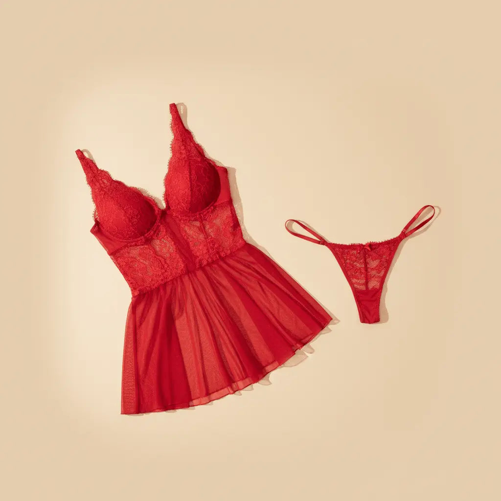 Camisola em Tule com Bojo e Detalhes em Renda + Calcinha Fio | Lingerie Feminina Sensual - Afrodite Beauty