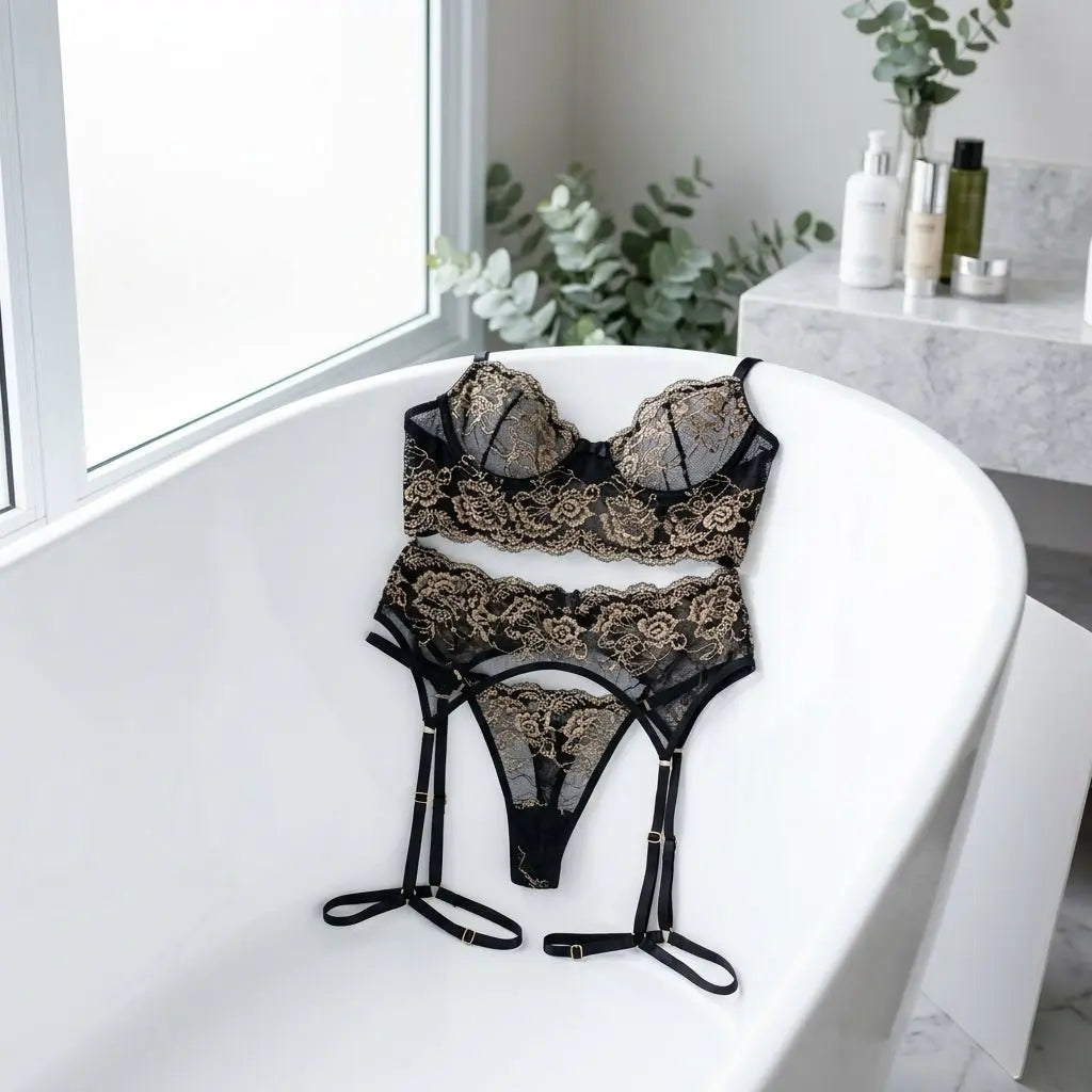 Conjunto Rendado Cinta Liga Preto | Lingerie Feminina M - Afrodite Beauty