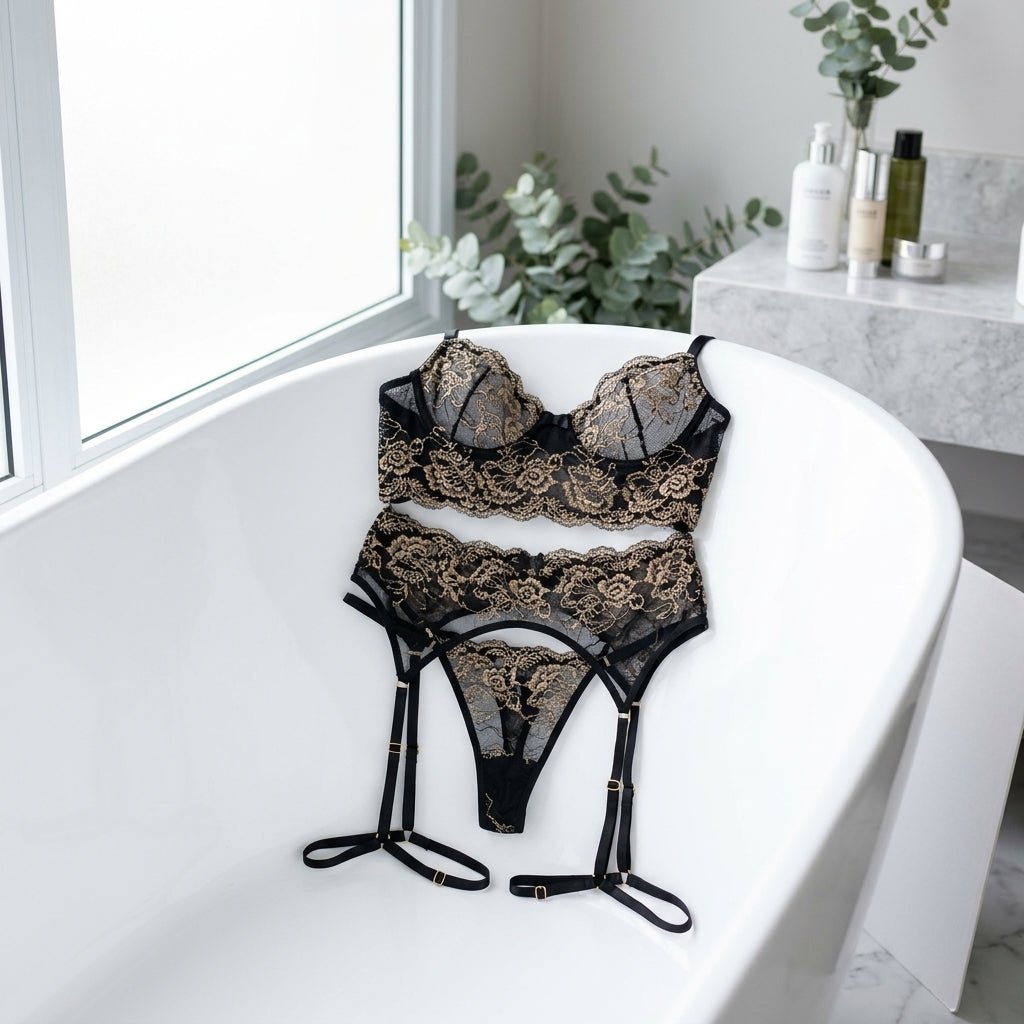 Conjunto Rendado Cinta Liga Preto | Lingerie Feminina M - Afrodite Beauty